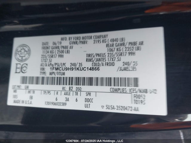 Продажа на аукционе авто 2019 Ford Escape, vin: 1FMCU9H91KUC14866, номер лота: 12367684