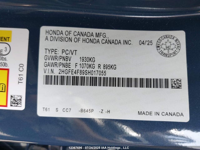 Продаж на аукціоні авто 2025 Honda Civic Hybrid Sport/sport Touring, vin: 2HGFE4F89SH017055, номер лоту: 12367696