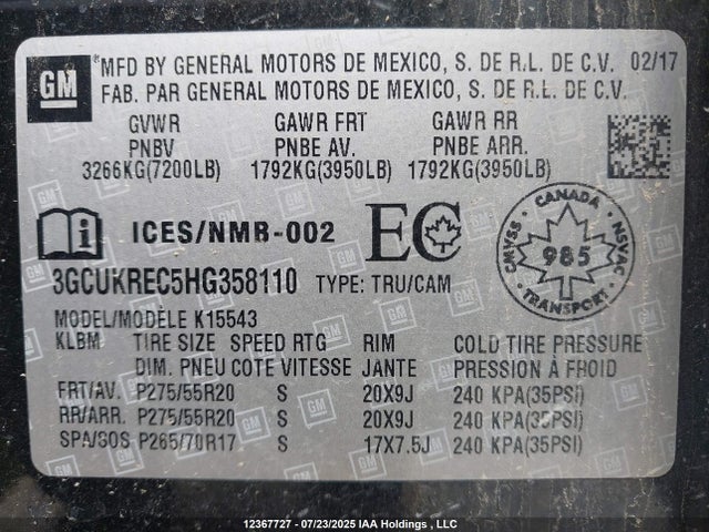 3GCUKREC5HG358110 Chevrolet l83 - sidi: spark ignited direct injection, vvt: variable valve timing, afm, e85 max, alum