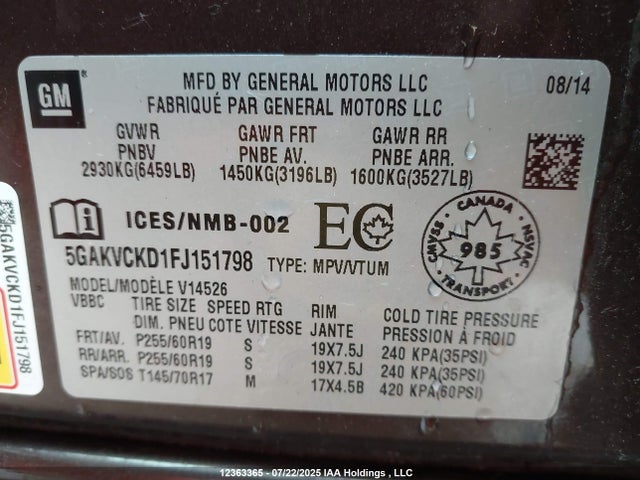 Buick llt 2015 5GAKVCKD1FJ151798 Image 9