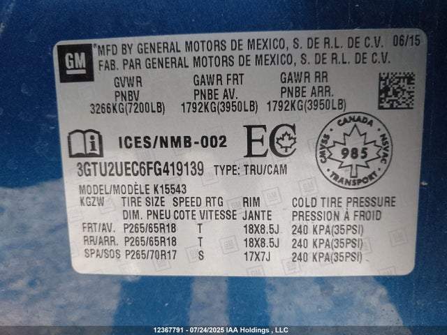 3GTU2UEC6FG419139 GMC l83 - vvt, active fuel management, aluminum