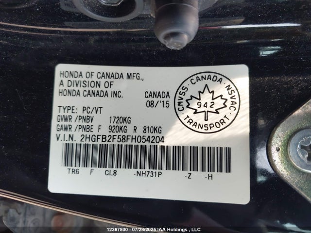 Honda r18z1 2015 2HGFB2F58FH054204 Image 9