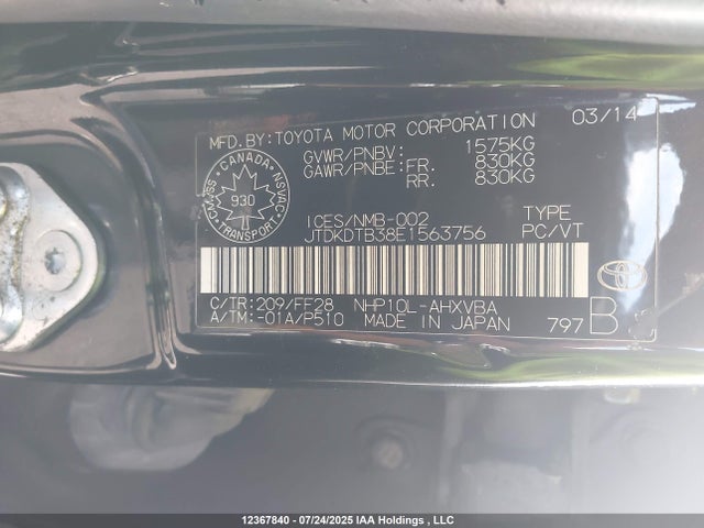 JTDKDTB38E1563756 Toyota 1nz-fxe+1lm