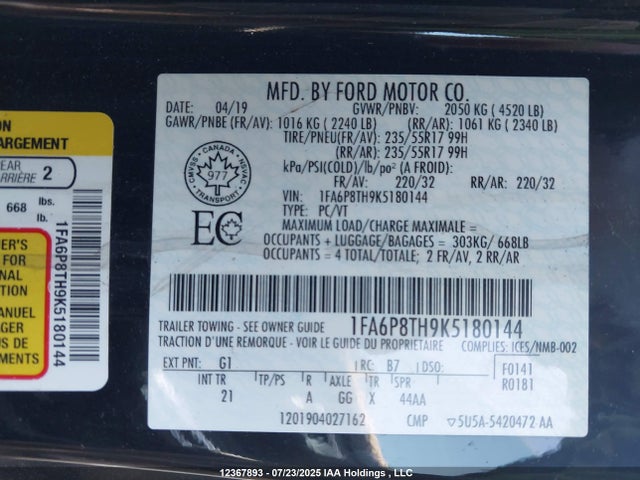 Ford 4v 2019 1FA6P8TH9K5180144 Image 9