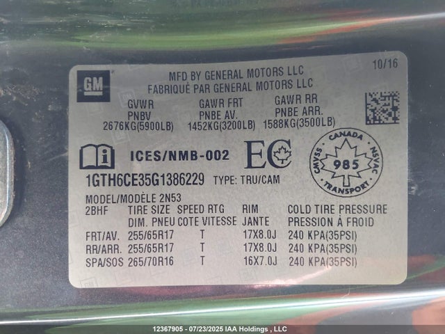 GMC lfx - sidi, vvt, e85 max, aluminum 2016 1GTH6CE35G1386229 Image 9