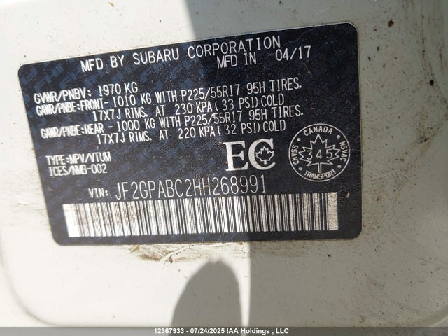JF2GPABC2HH268991 Subaru naturally aspirated