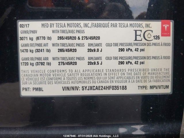 Tesla MODEL X 2017 5YJXCAE24HF035188 Image 9