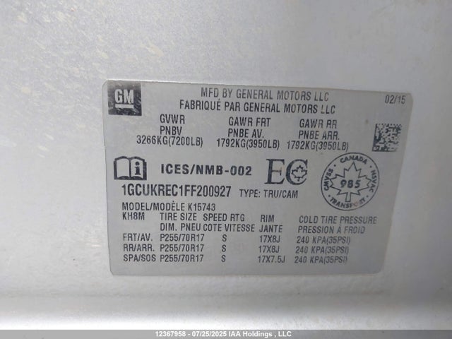 1GCUKREC1FF200927 Chevrolet l83 - vvt, active fuel management, aluminum