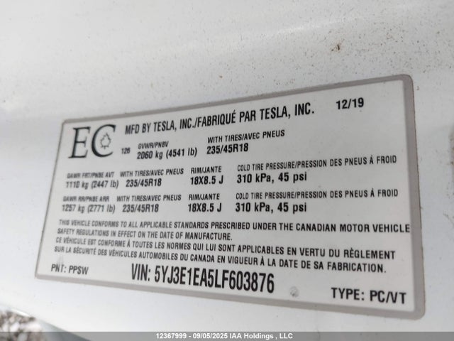 Продажа на аукционе авто 2020 Tesla Model 3, vin: 5YJ3E1EA5LF603876, номер лота: 12367999