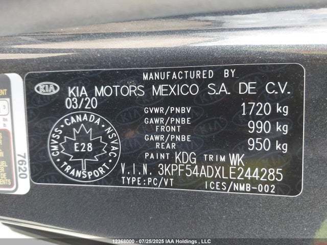 3KPF54ADXLE244285 KIA mpi nu