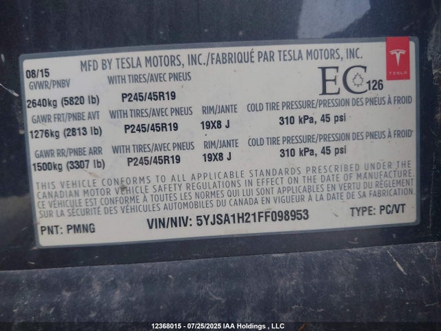 Tesla 3 phase a/c induction (dual motor) 2015 5YJSA1H21FF098953 Image 18