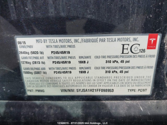 Tesla 3 phase a/c induction (dual motor) 2015 5YJSA1H21FF098953 Image 9