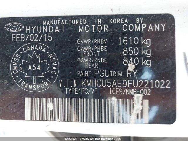 KMHCU5AE9FU221022 Hyundai dohc gdi gamma