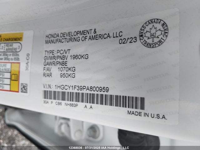 1HGCY1F39PA800959 Honda l15be