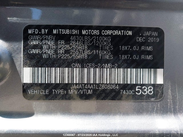 Mitsubishi tc/ic mivec 2020 JA4AT4AA1LZ608064 Image 9