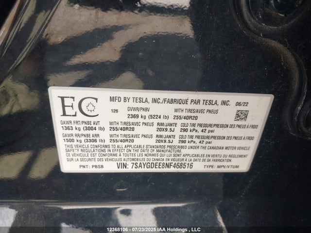 7SAYGDEE8NF468516 Tesla 2022