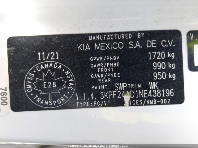 3KPF24AD1NE438196 KIA mpi nu