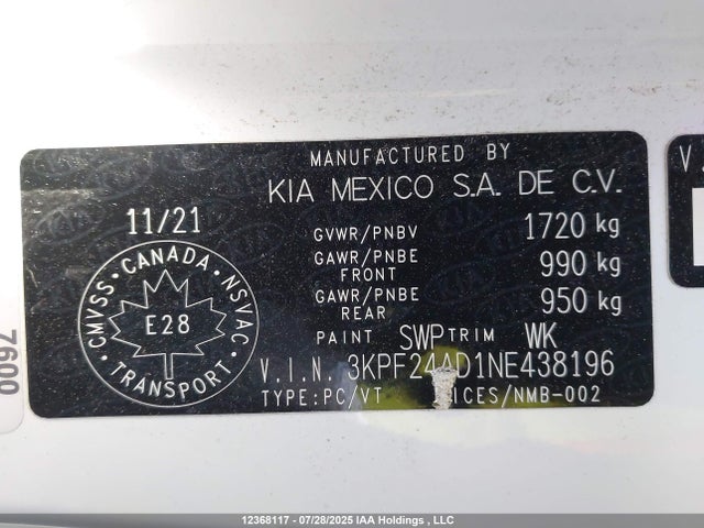 3KPF24AD1NE438196 KIA mpi nu