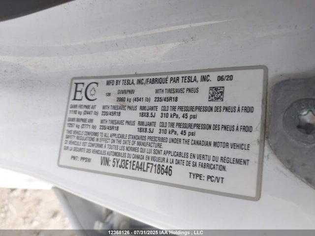 Tesla MODEL 3 2020 5YJ3E1EA4LF718646 Image 9