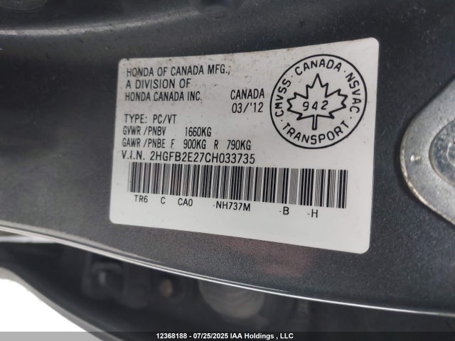 Продажа на аукционе авто 2012 Honda Civic Dx, vin: 2HGFB2E27CH033735, номер лота: 12368188