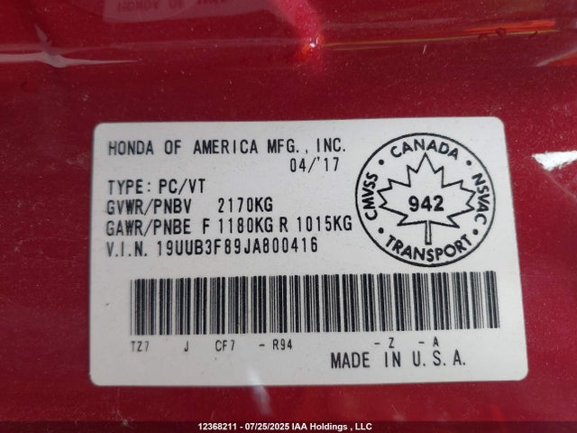 Acura j35y6 2018 19UUB3F89JA800416 Image 9