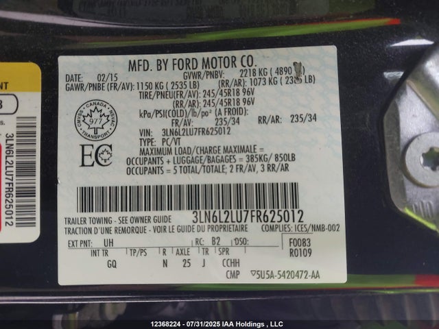 Lincoln MKZ 2015 3LN6L2LU7FR625012 Image 9