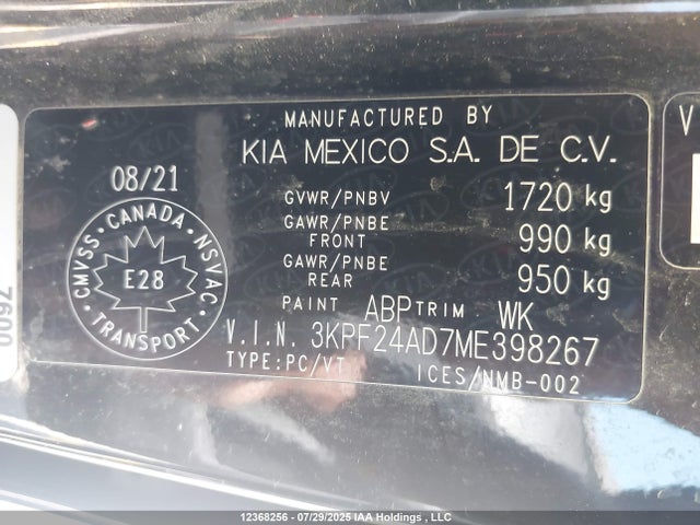 3KPF24AD7ME398267 KIA mpi nu