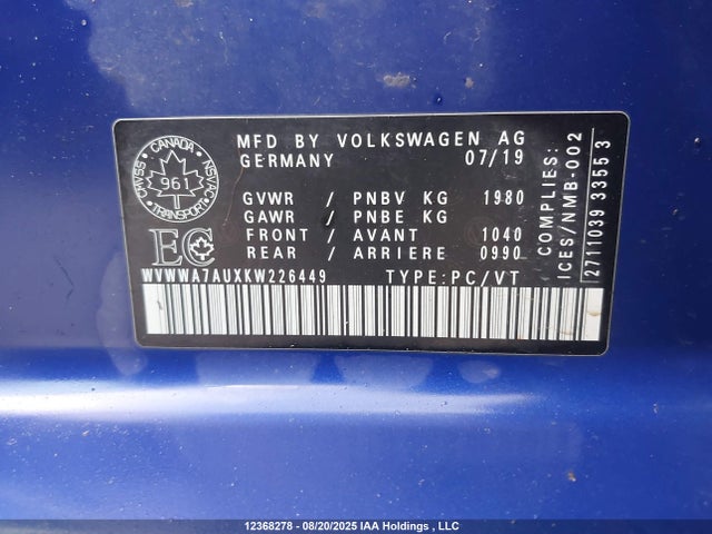 WVWWA7AUXKW226449 Volkswagen 2019