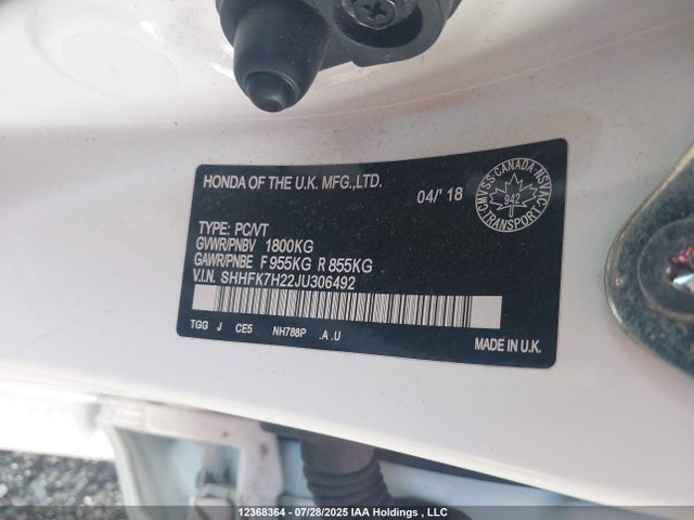 SHHFK7H22JU306492 Honda l15ba