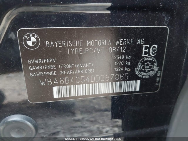 12368378 :رقم المزاد ، WBA6B4C54DDG67865 vin ، 2013 Bmw 650i Gran Coupe Xdrive مزاد بيع