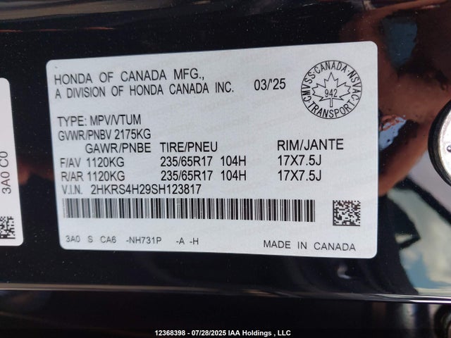 2HKRS4H29SH123817 Honda l15be