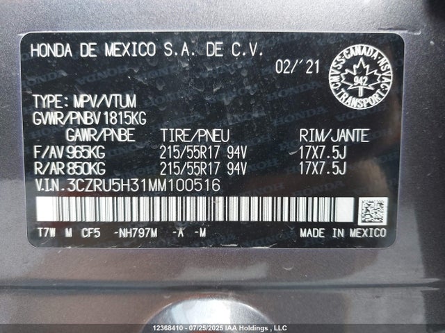 3CZRU5H31MM100516 Honda r18z9