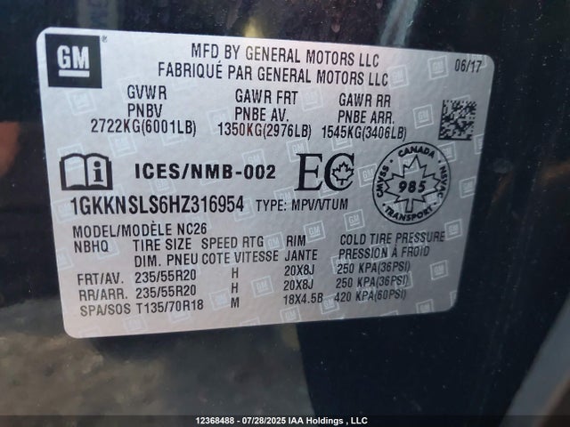 1GKKNSLS6HZ316954 GMC lgx - di: direct injection, vvt: variable valve timing, alum, gen 2