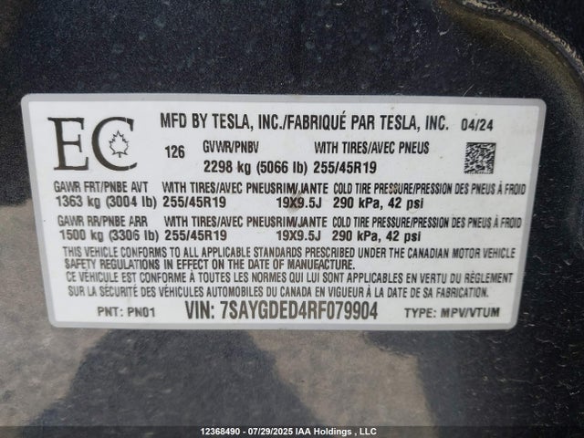 7SAYGDED4RF079904 Tesla 2024