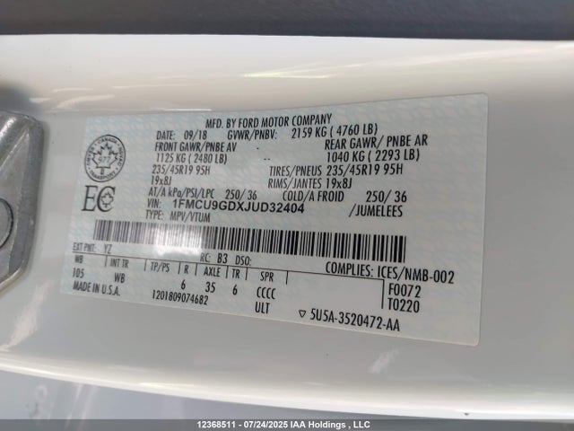 1FMCU9GDXJUD32404 Ford 1.5l gtdi sigma w/premium fuel