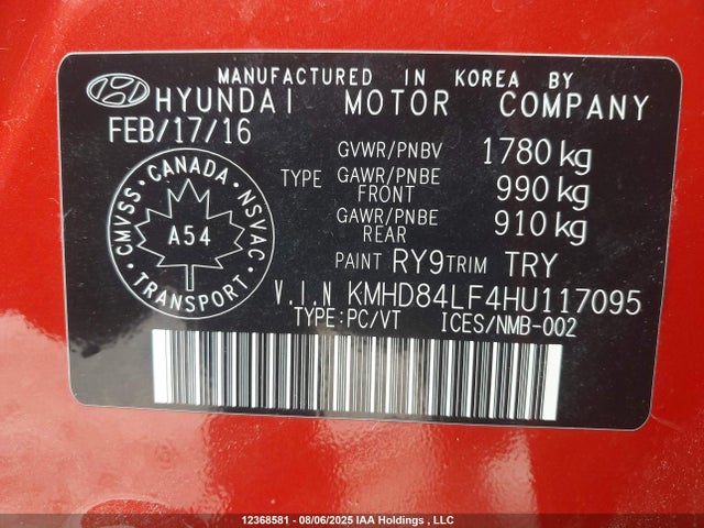 KMHD84LF4HU117095 Hyundai Elantra