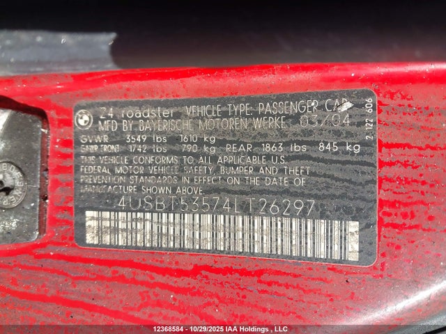 2004 Bmw Z4 3.0 მანქანა იყიდება აუქციონზე, vin: 4USBT53574LT26297, აუქციონის ნომერი: 12368584