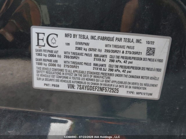 Tesla Model Y 2022 7SAYGDEF2NF572525 Image 9