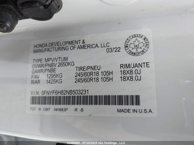 Honda j35y6 2022 5FNYF6H82NB503231 Image 9