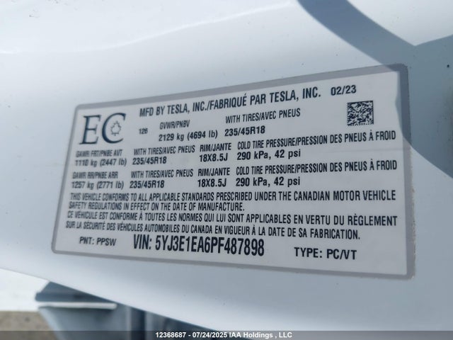 5YJ3E1EA6PF487898 Tesla MODEL 3