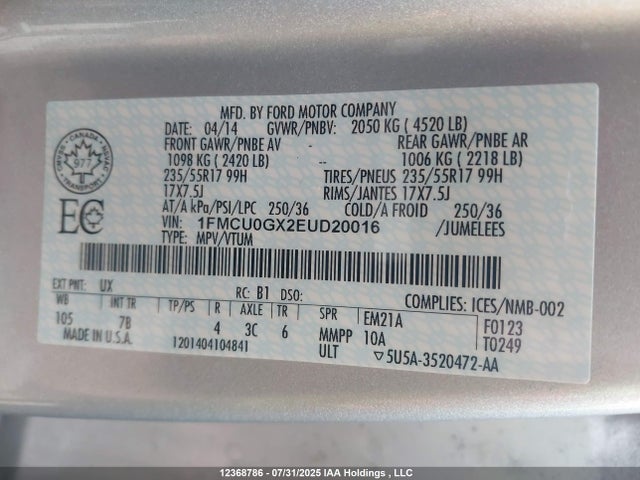 1FMCU0GX2EUD20016 Ford 2014
