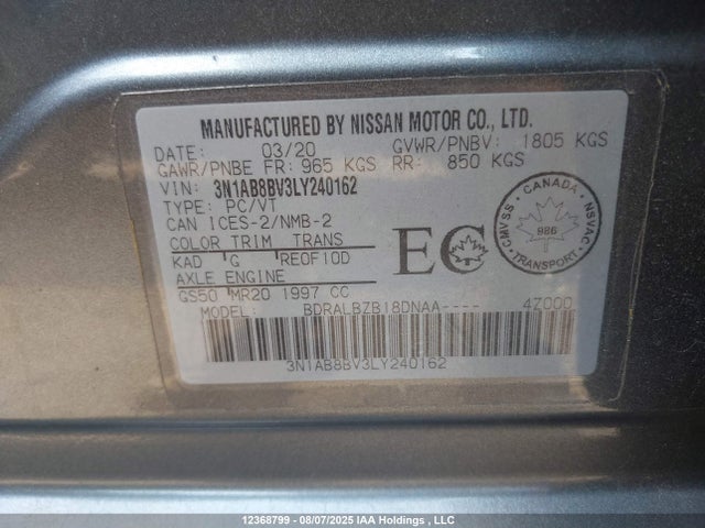 3N1AB8BV3LY240162 Nissan 2020