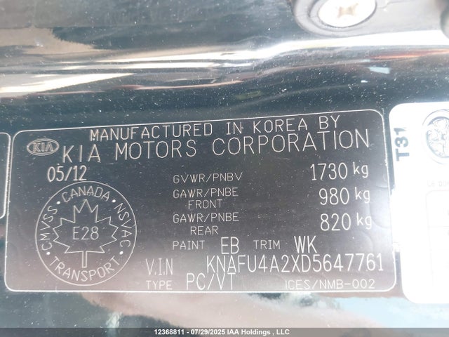 12368811 :رقم المزاد ، KNAFU4A2XD5647761 vin ، 2013 Kia Forte Ex مزاد بيع