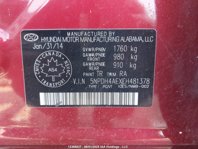 5NPDH4AEXEH481378 Hyundai dohc mpi nu