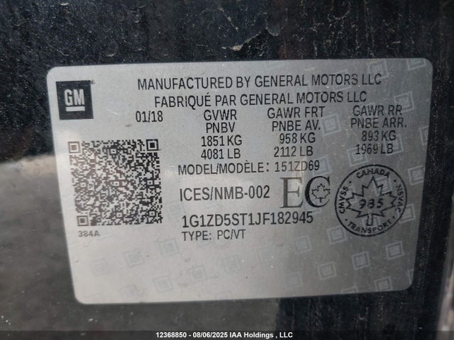 1G1ZD5ST1JF182945 Chevrolet lfv - direct injection, variable valve timing, gen 1