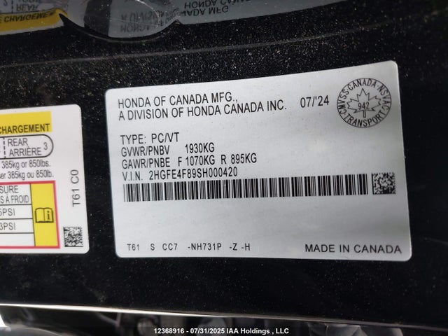 2HGFE4F89SH000420 Honda lfc3