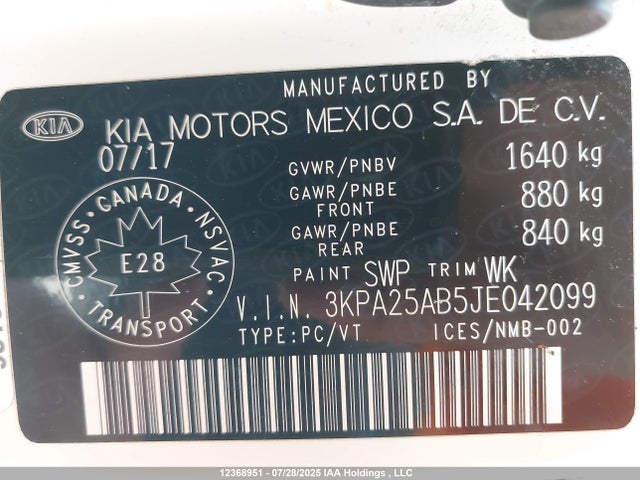 3KPA25AB5JE042099 KIA gdi gamma