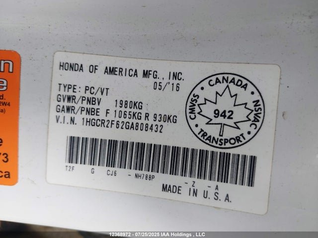 1HGCR2F62GA808432 Honda k24w1