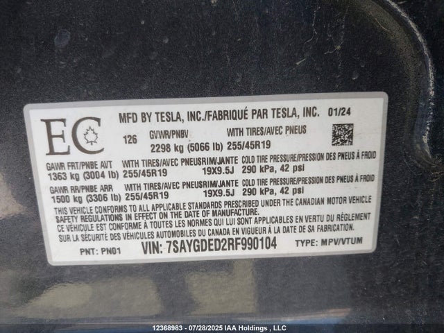 7SAYGDED2RF990104 Tesla Model Y