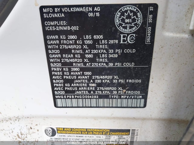 WVGEP9BP4GD004292 Volkswagen 2016
